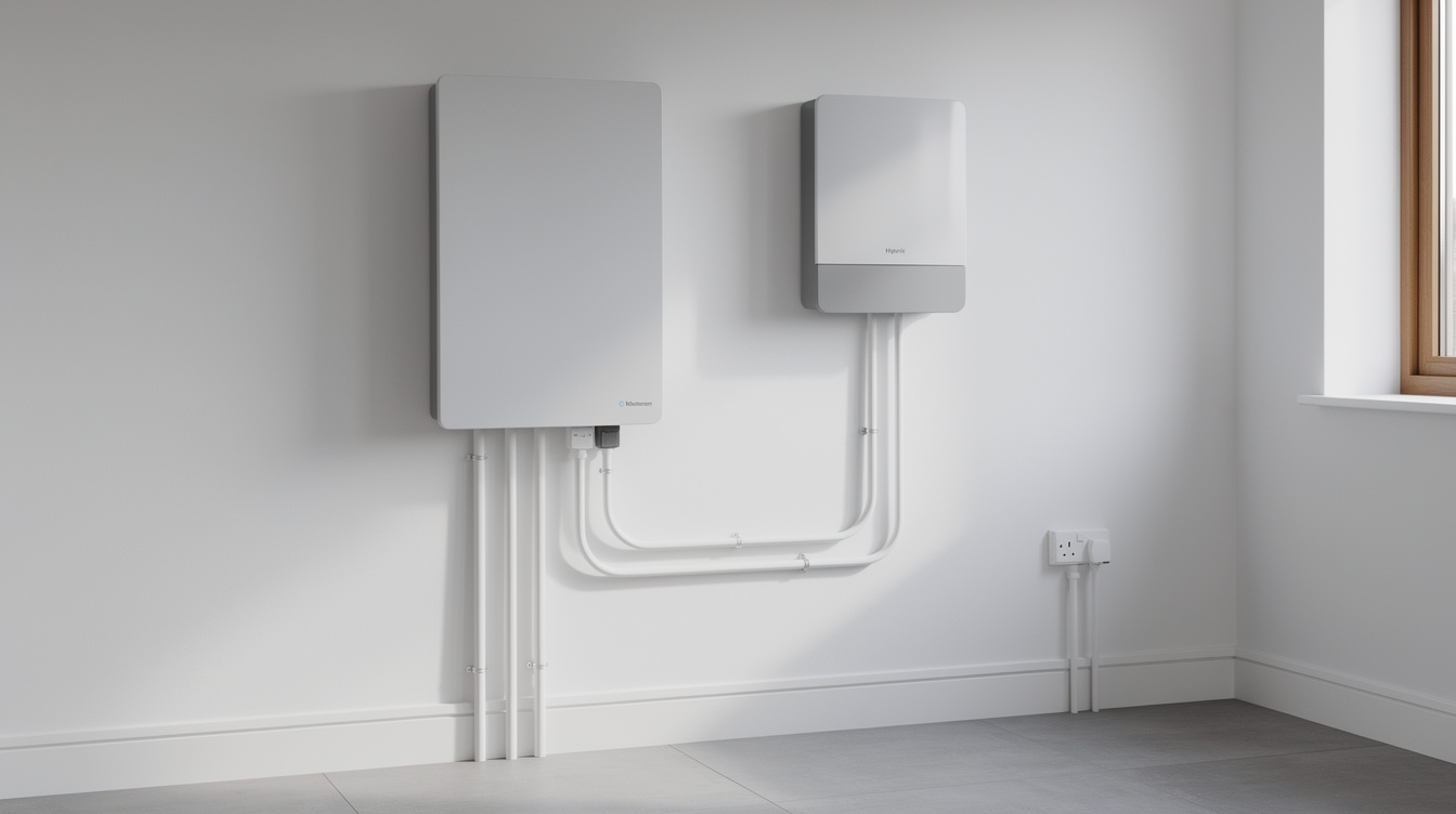 Wall-mounted home battery storage unit installed alongside hybrid inverter in Irish utility room