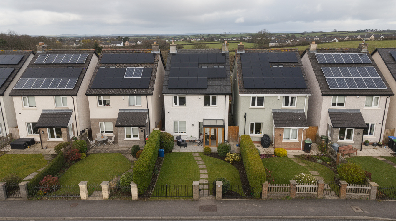 Row of Irish suburban homes with solar panel installations of varying sizes on their roofs