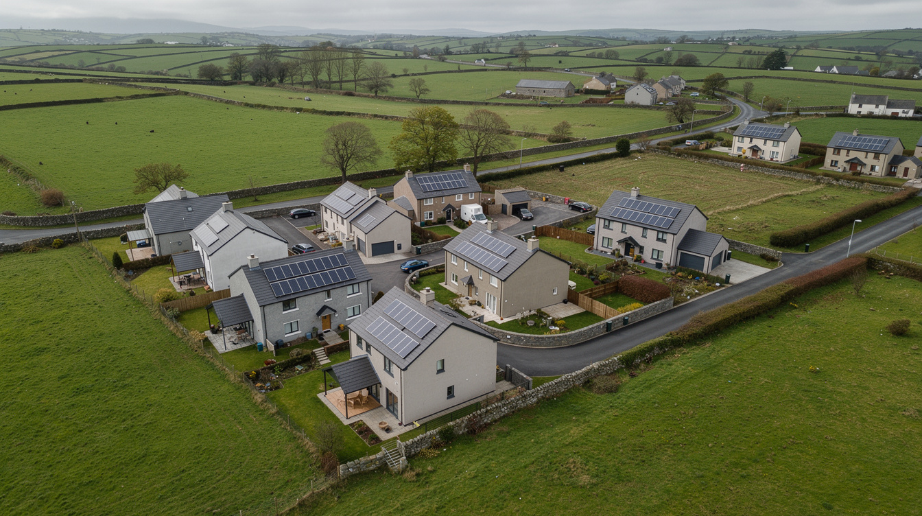 Aerial view of an Irish housing estate with solar panels on multiple rooftops, surrounded by green fields.