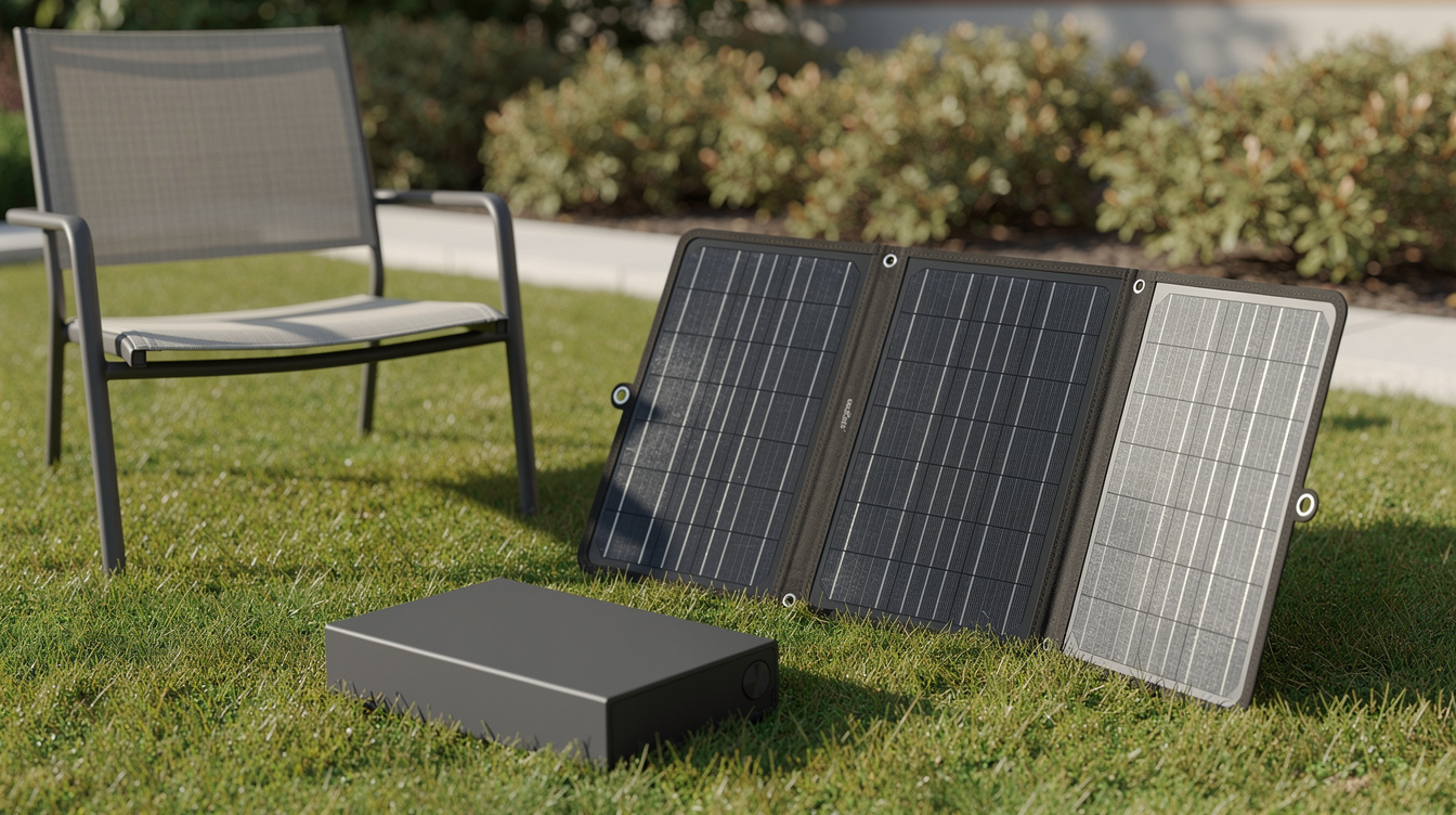 Folding solar panel and portable battery station set up on a lawn next to a garden chair