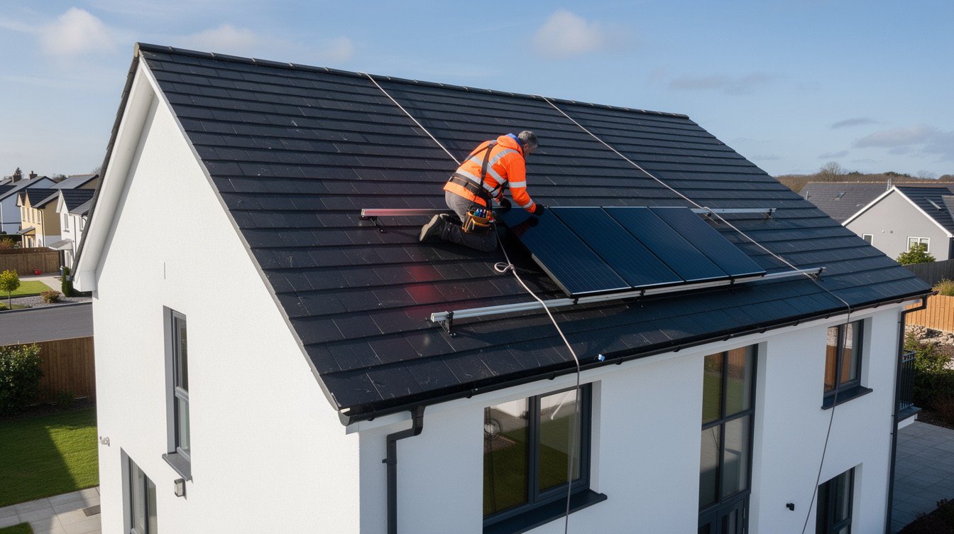 Professional solar PV installer in safety harness fitting a panel on the roof of an Irish home