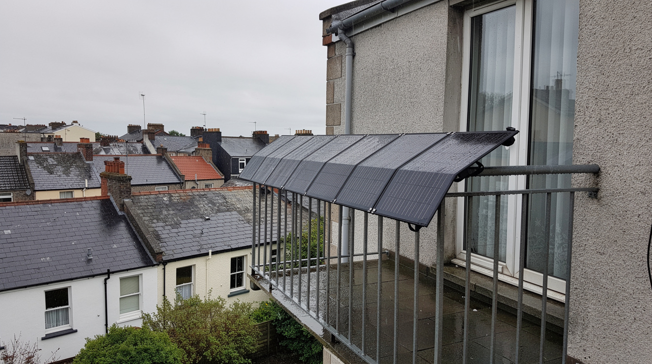 Foldable solar panel hung over a Dublin apartment balcony railing with Irish terraced rooftops behind