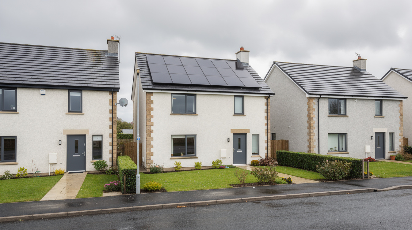 Row of three modern Irish terraced rental homes, only the middle one with solar panels