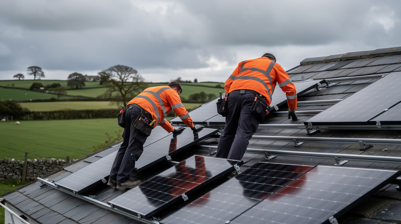 Two installers in orange hi-vis vests mounting solar panels on a Roscommon bungalow slate roof, flat green Midlands fields and a stone wall in the background under cloudy sky