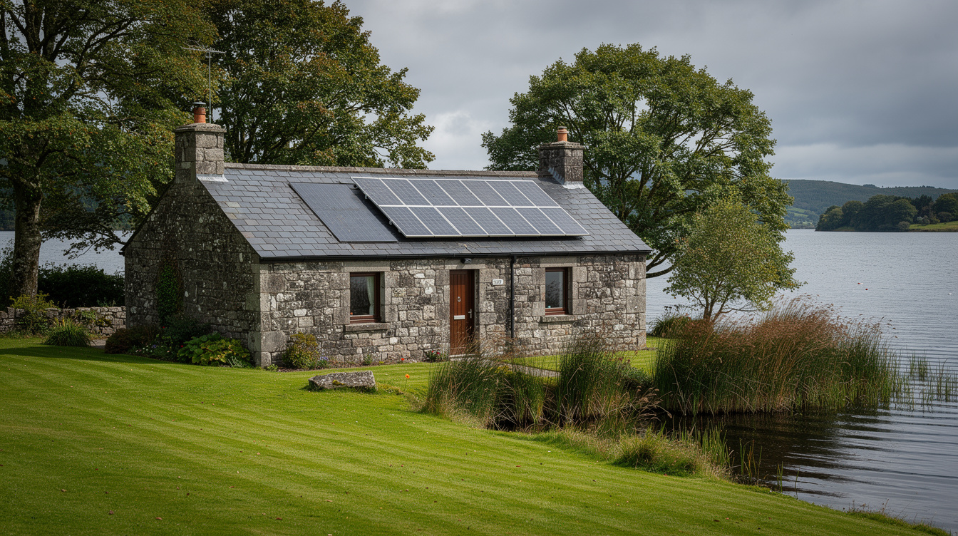 Stone cottage near Lough Key Roscommon with solar panels on slate roof, green lawn down to lakeshore reeds, overcast sky