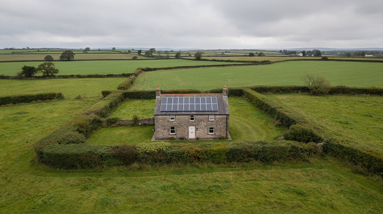 Flat Roscommon countryside near the Shannon callows with a detached rural home and rooftop solar panels under a cloudy Midlands sky