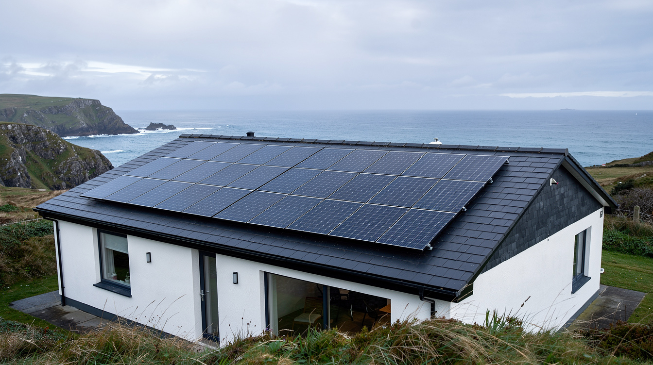 Solar PV array on a Sligo coastal bungalow with the Atlantic in the background
