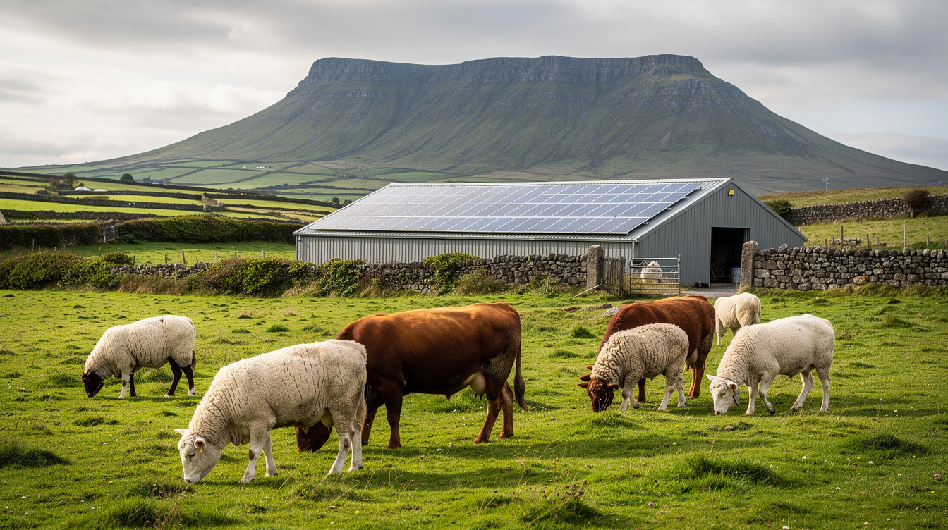 Sligo farm shed with rooftop solar panels and grazing livestock, Ben Bulben in the distance