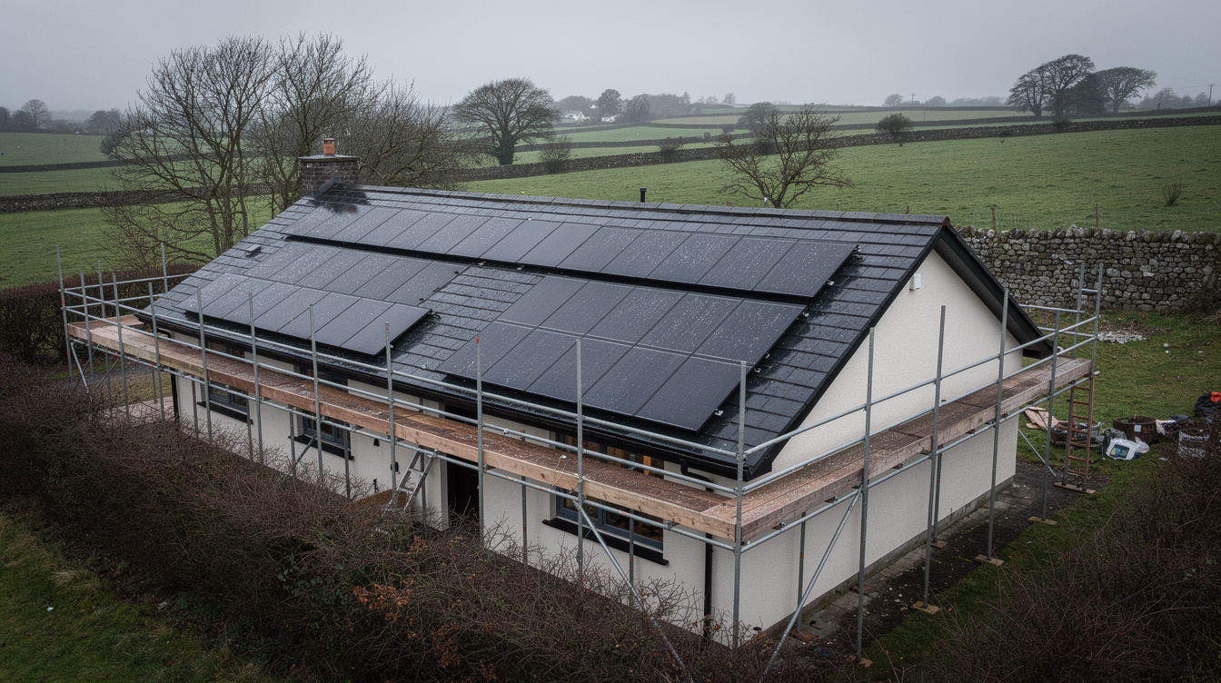Solar panel installation on an Irish bungalow during overcast winter weather, scaffolding around the roof and green fields behind a stone wall