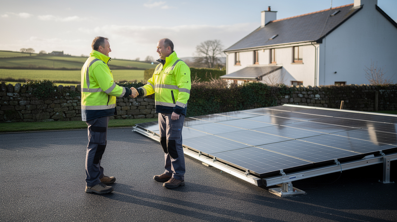 Two Irish installers in hi-vis jackets shaking hands beside a freshly installed ground-mount solar array on a sunny driveway