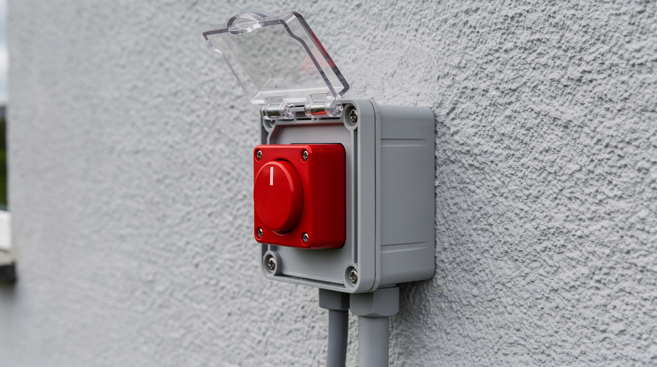 Red emergency isolation switch in weatherproof enclosure mounted on an exterior wall of an Irish home.