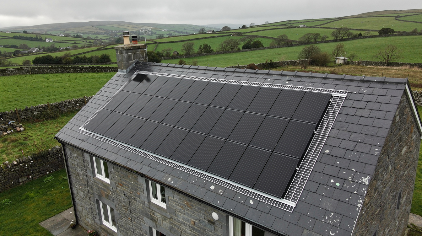 Pitched slate roof with solar panels installed leaving clear margins around the edges for fire brigade access.