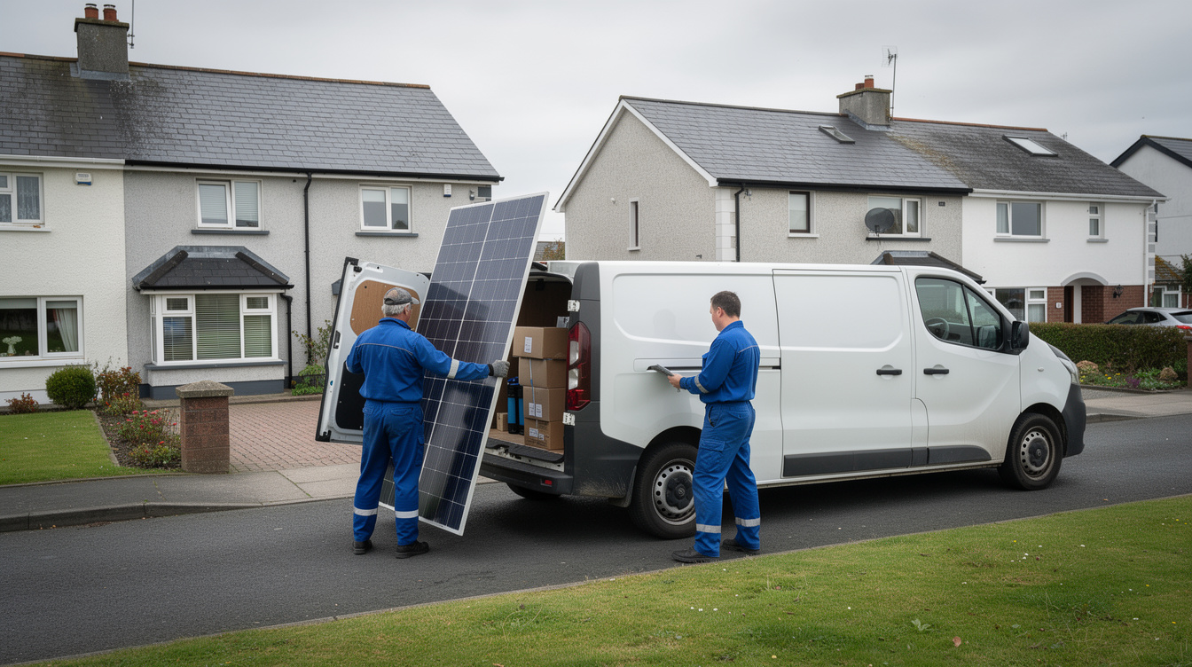 Solar installation team unloading panels at an Irish housing estate