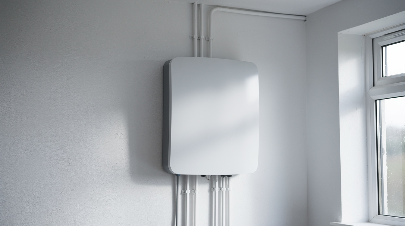 White solar inverter mounted in an Irish utility room next to a window