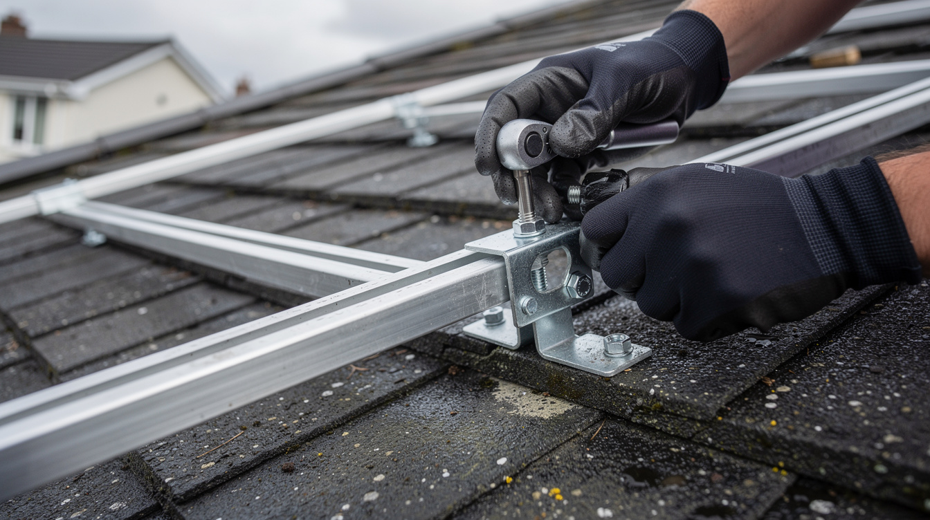 Installer fitting aluminium mounting rails to a domestic Irish roof