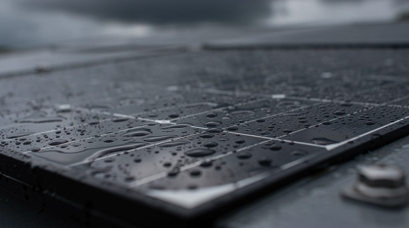 Close-up of raindrops on a black solar panel with dark Irish clouds overhead