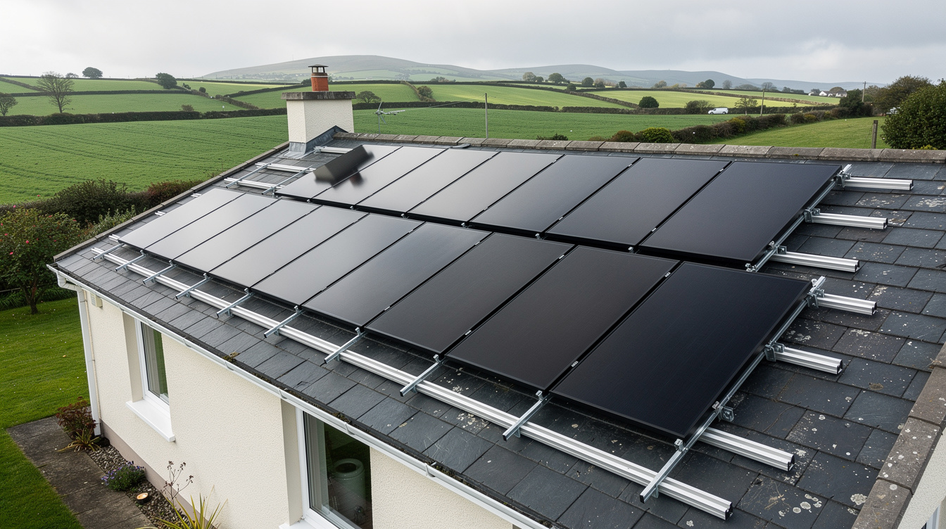 Solar panels mid-installation on an Irish bungalow rural roof