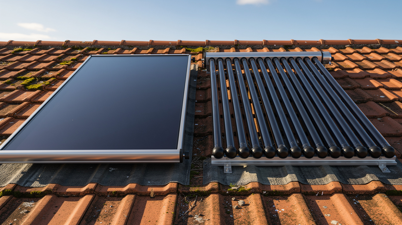 Flat plate solar collector beside evacuated tube collector on an Irish tiled roof