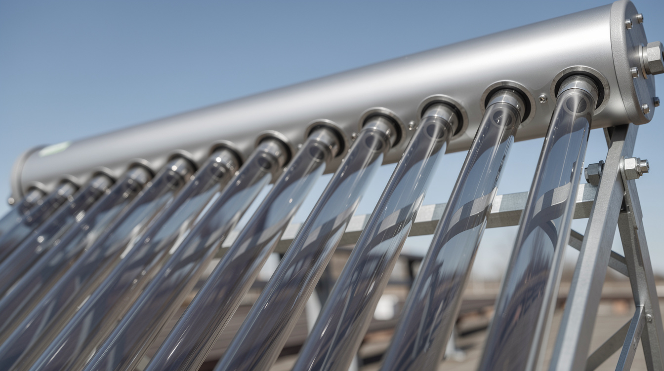 Close-up of evacuated tube solar thermal collector mounted on an Irish home, showing the manifold header and glass vacuum tubes
