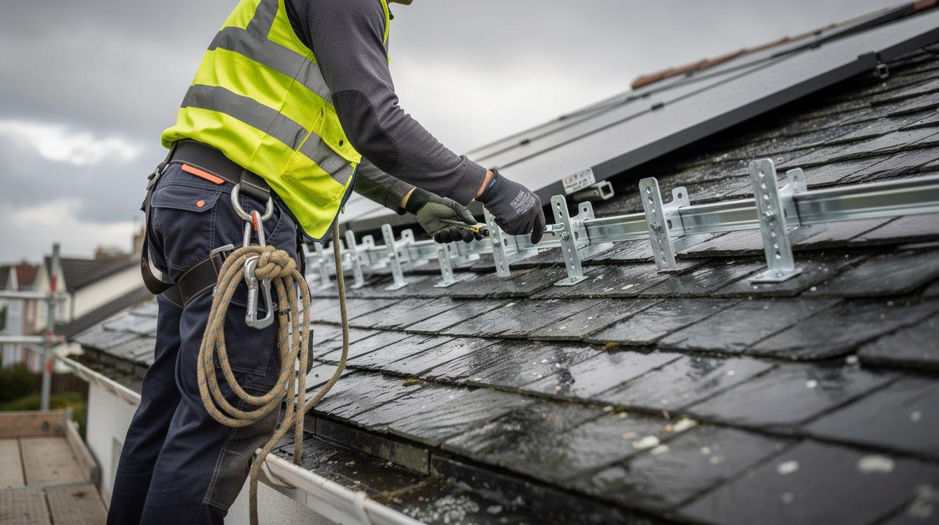 Installer in hi-vis vest fitting mounting brackets for solar thermal collector on Irish slate roof