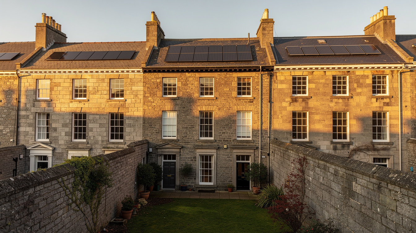 Waterford city Georgian terrace with low-profile black solar panels on slate rear roof