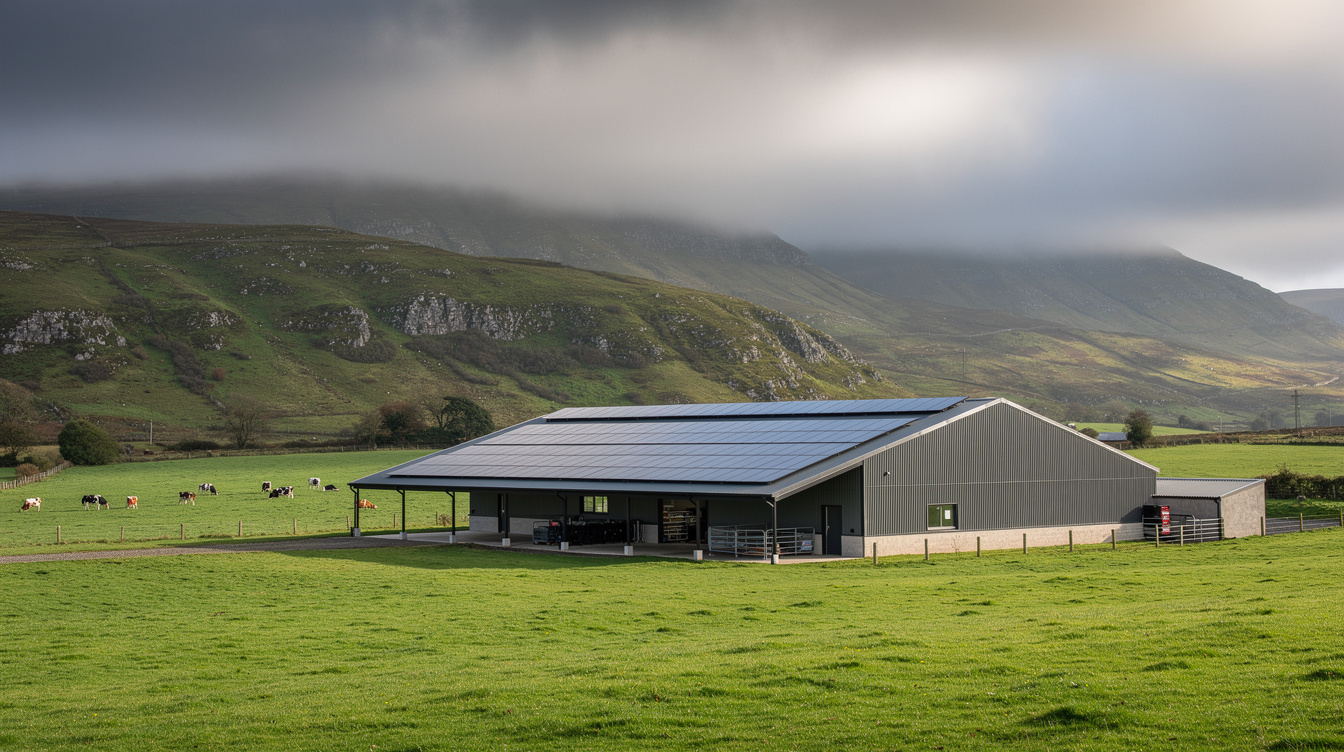 Waterford dairy farm shed with rooftop solar PV in the Comeragh foothills, 2026