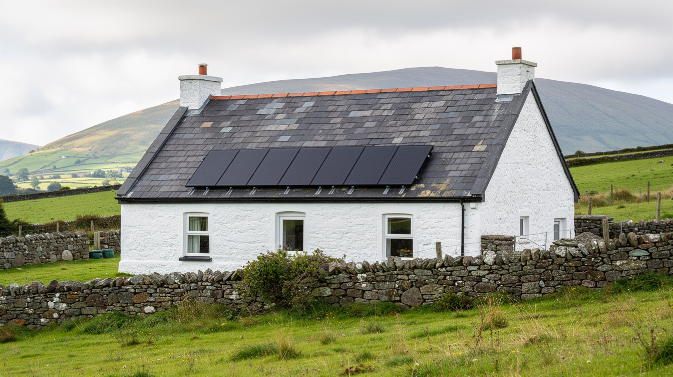 Solar panels on a rural west Waterford stone cottage with the Comeragh foothills behind