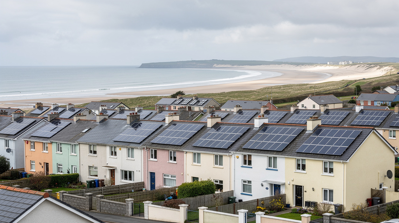 Row of Tramore coastal houses with rooftop solar panels and Tramore Bay in the background