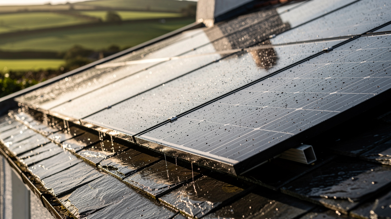 Close-up of rain-wet solar panels on an Irish slate cottage roof with green hills in the background and afternoon sunlight reflecting off the water droplets