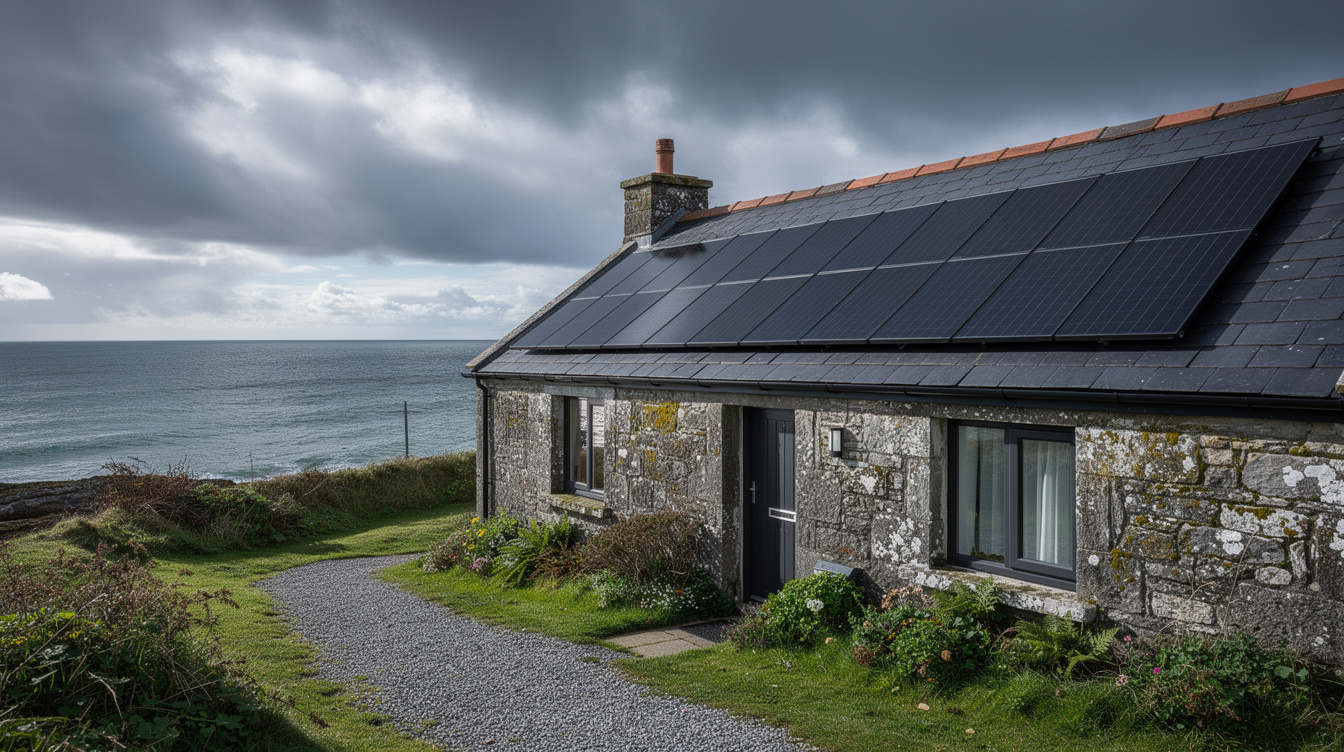 Slate-roofed Wexford coastal cottage with solar panels overlooking the Irish Sea