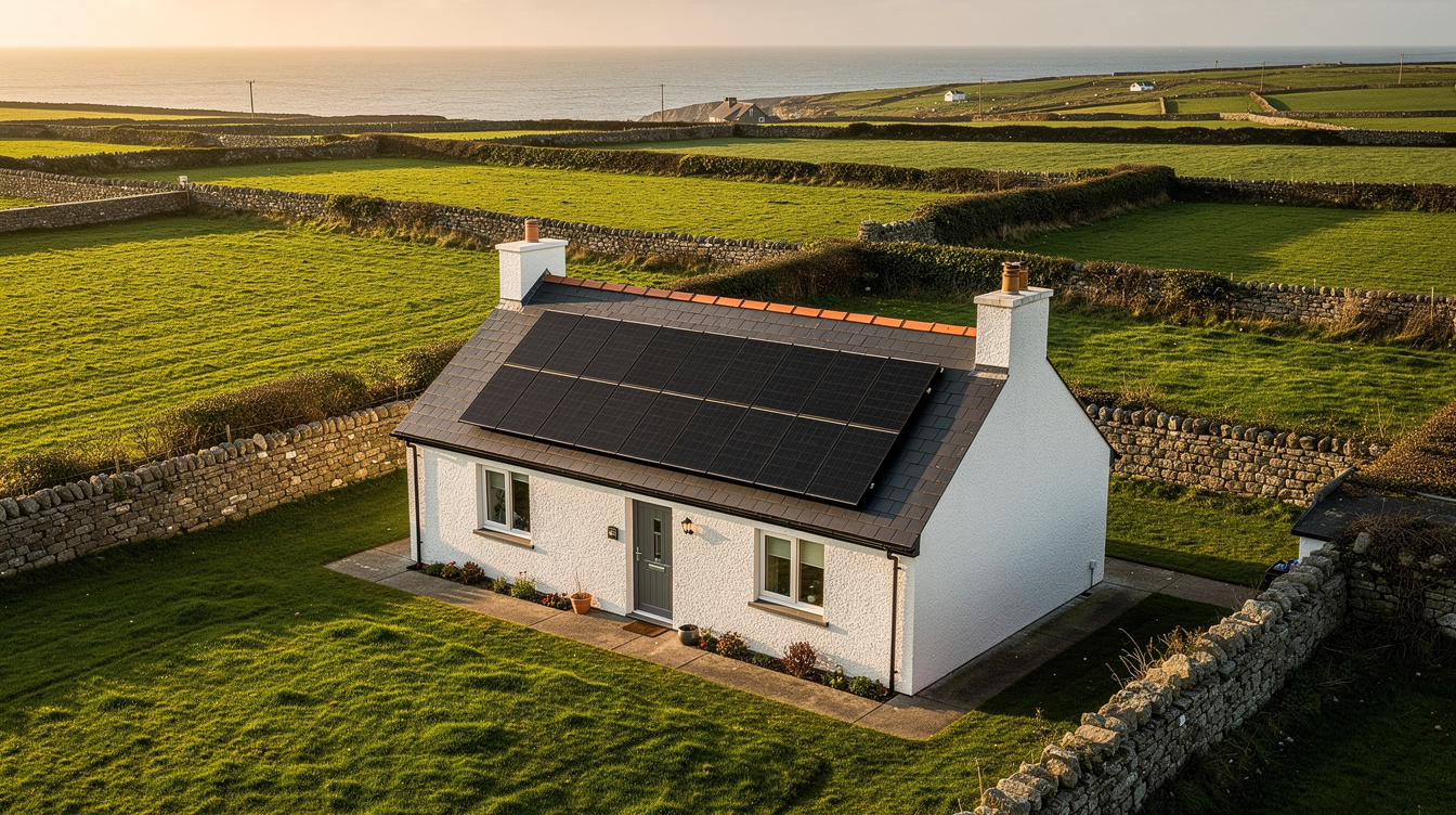 Detached Irish coastal houses in east Wicklow with solar panels on south-facing roofs, sea visible in distance