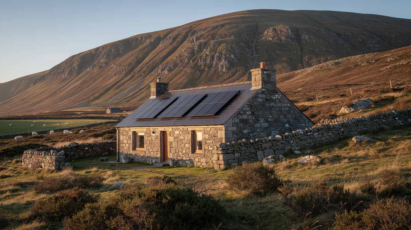 Stone-built detached house in Wicklow Mountains foothills with matt black solar panels on south-facing slate roof