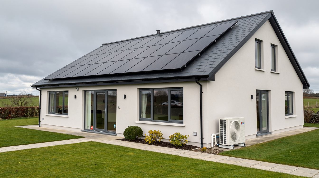 Modern Irish home with a large rooftop solar array and an outdoor heat pump unit