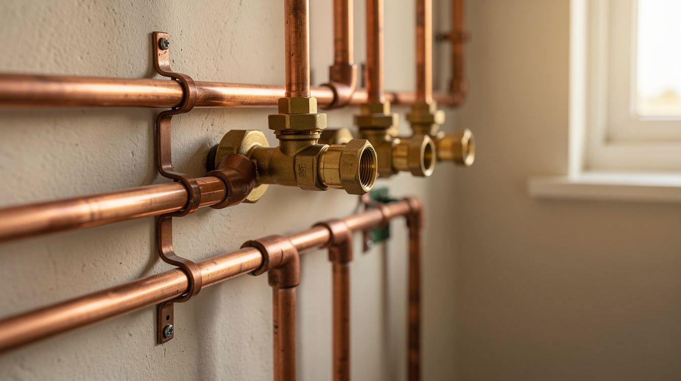 Copper heating pipework in an Irish home &mdash; heat pump integration typical of a 10kW solar household