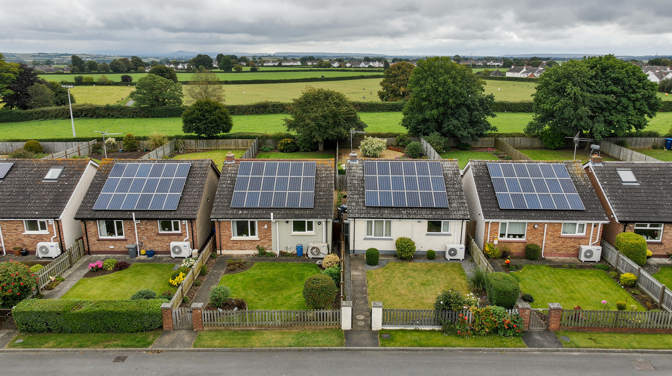 Aerial view of Irish semi-detached houses with large rooftop solar arrays and heat pump units