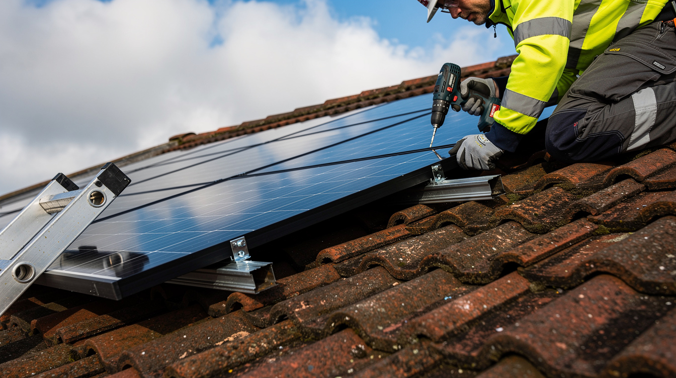 Installer fitting solar panels on an Irish tile roof
