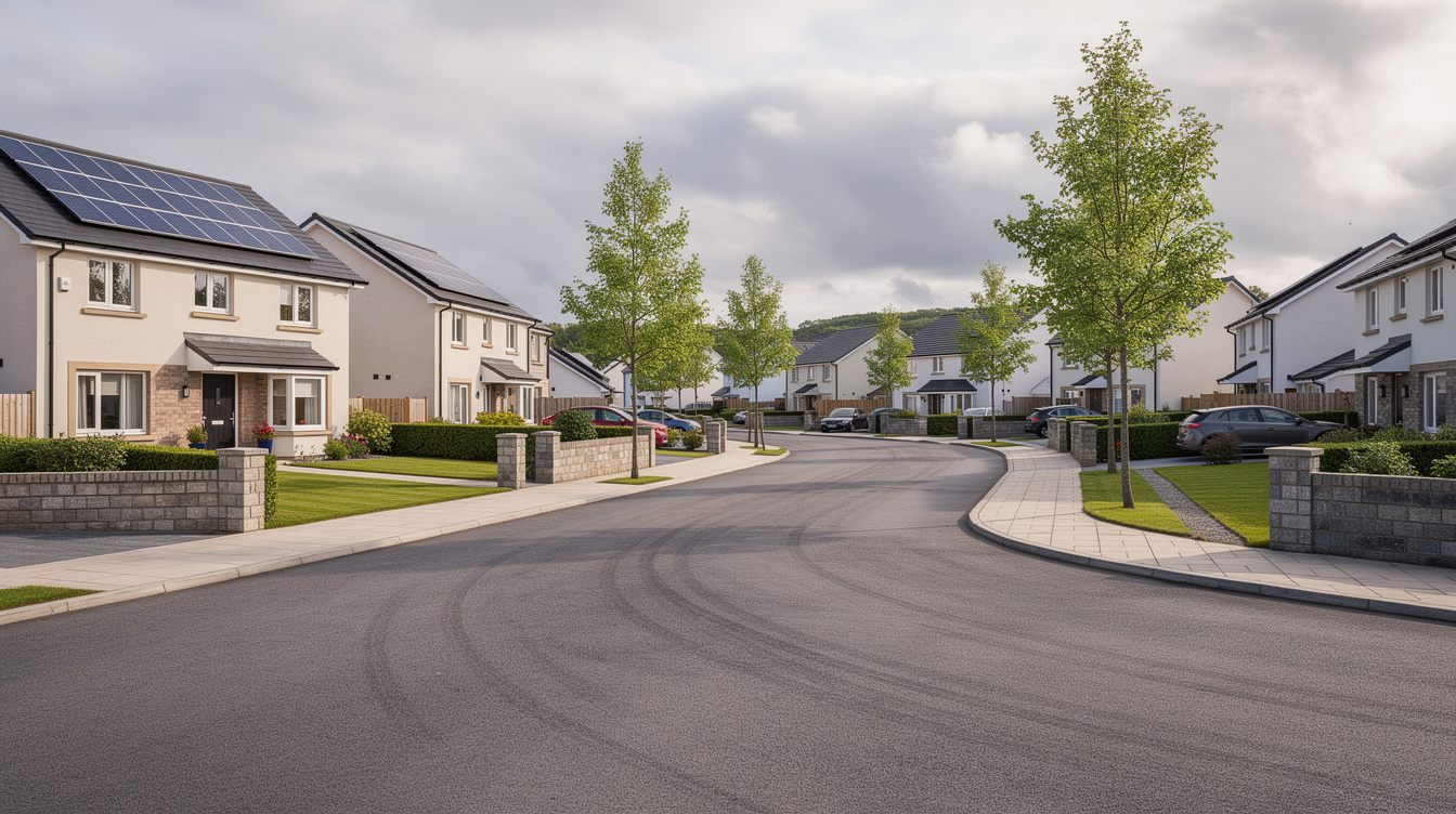 Irish suburban street with rooftop solar panels visible on several homes