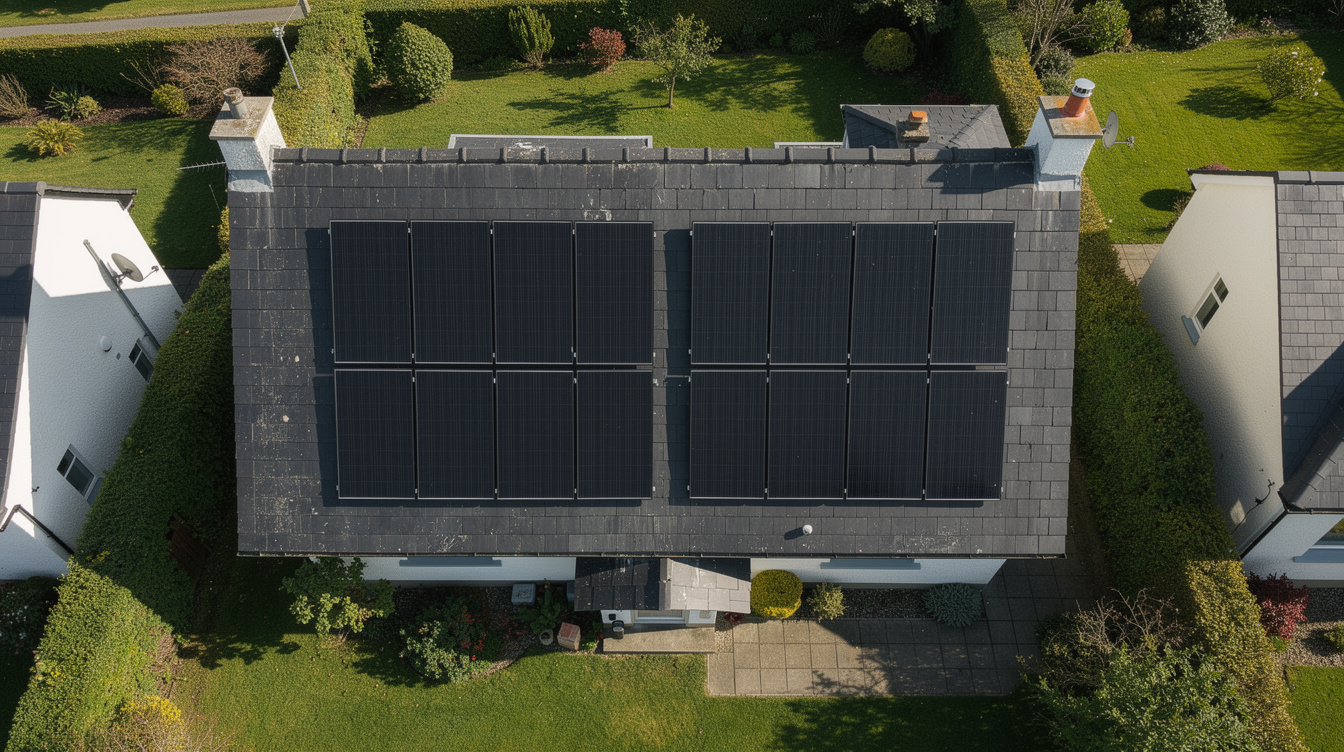 Aerial view of an Irish rooftop with 12 black solar panels arranged in two rows