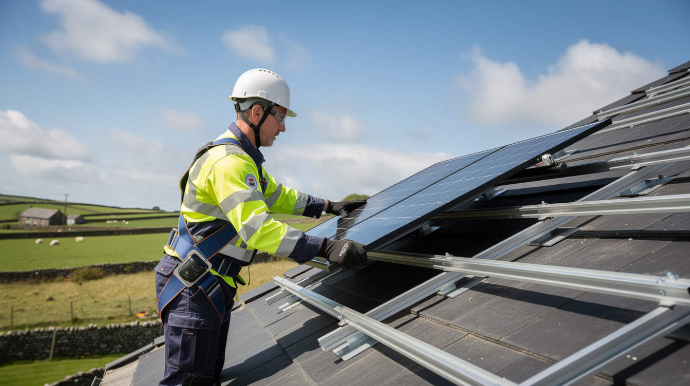 Solar installer mounting a black panel on an Irish rooftop with countryside in background