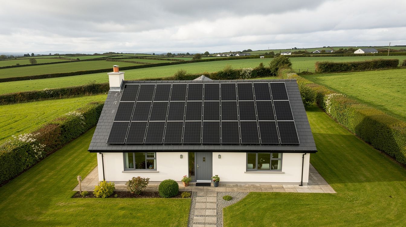 Detached Irish home with 14 black solar panels covering the south-facing roof