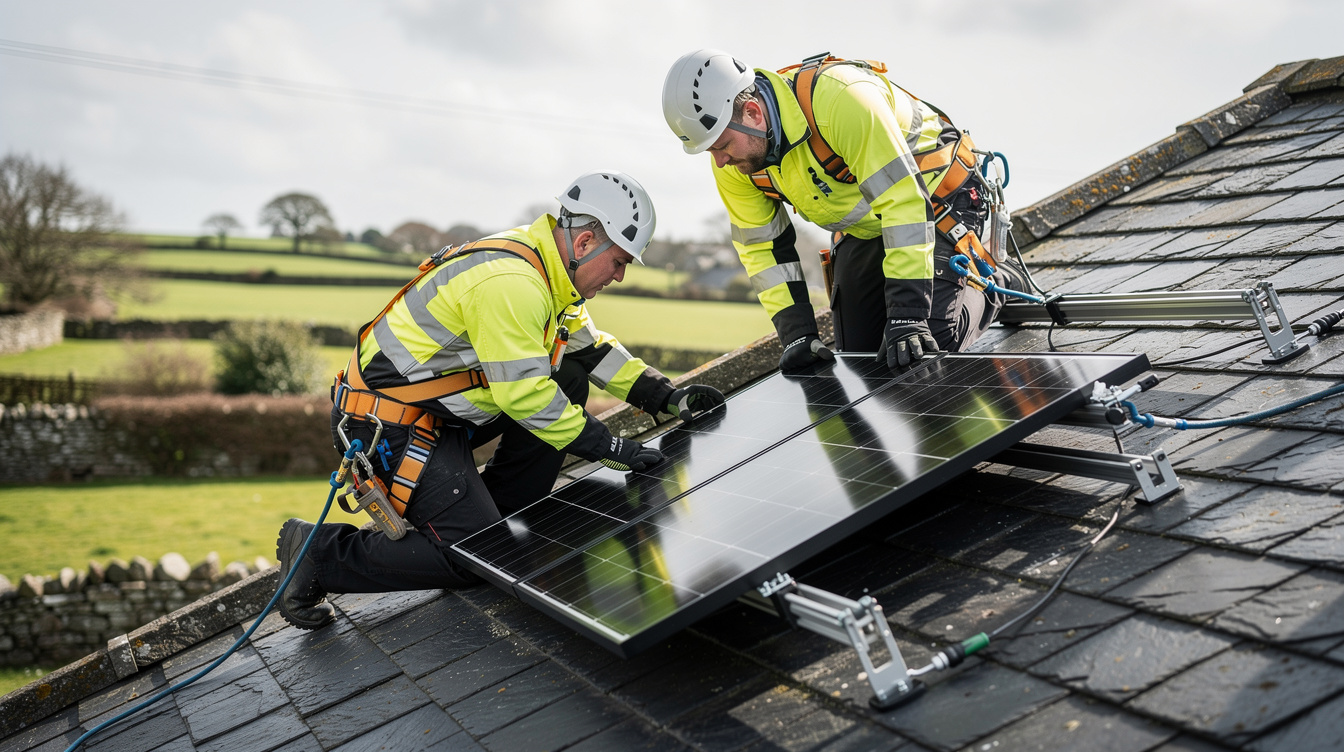 Two installers in high-visibility jackets working on a solar array on an Irish rooftop