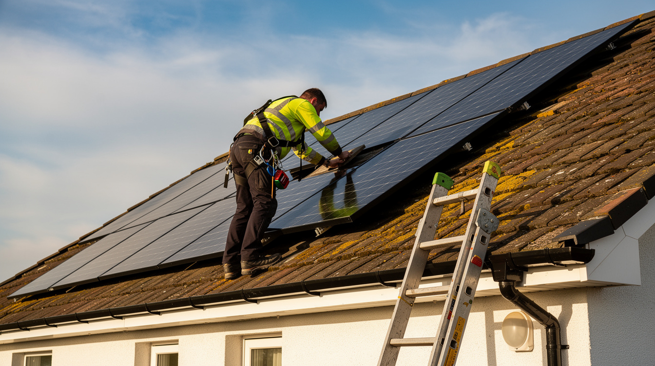 Solar installer working on Irish rooftop