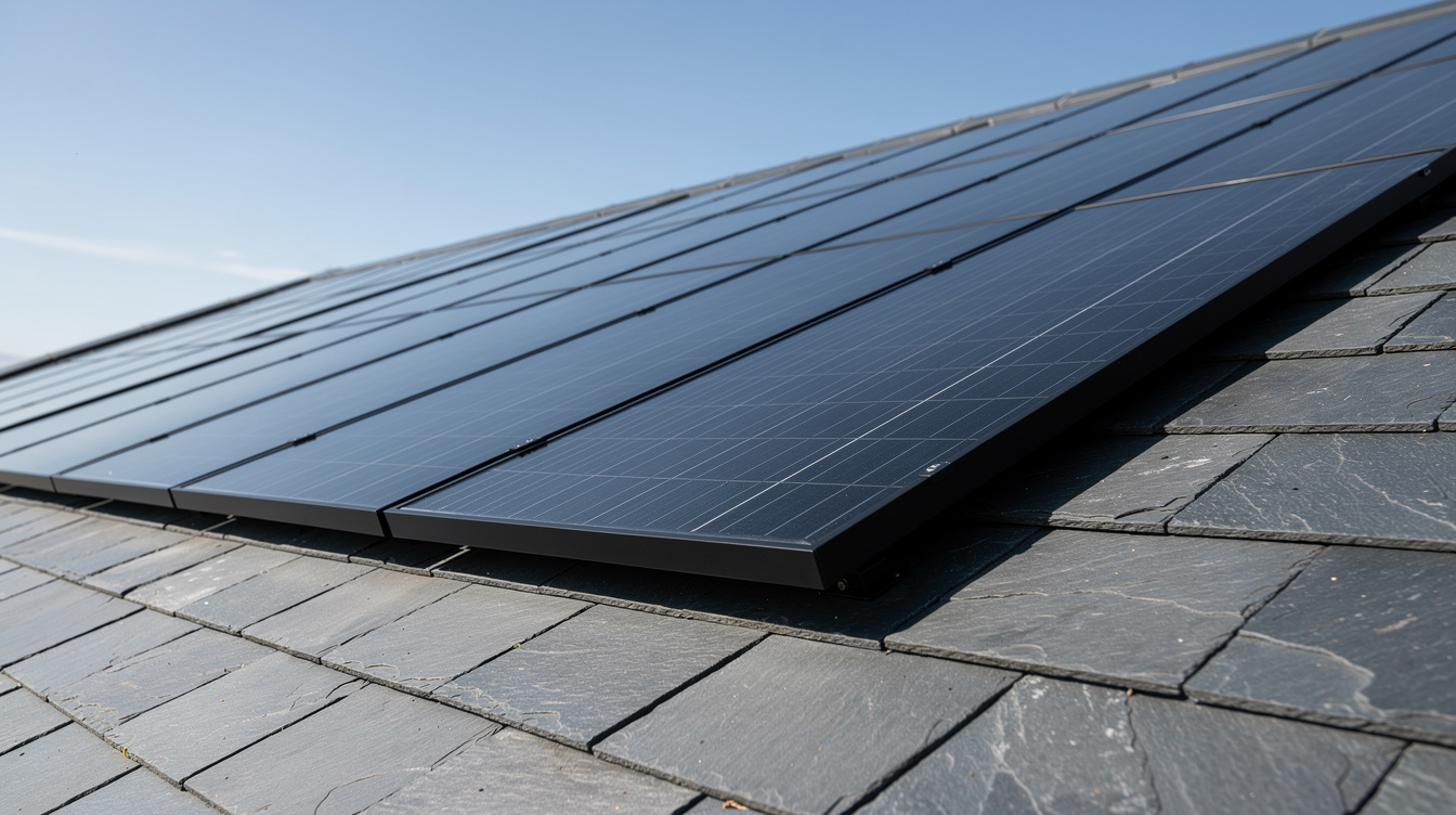 Close up of black solar panels installed on Irish slate roof