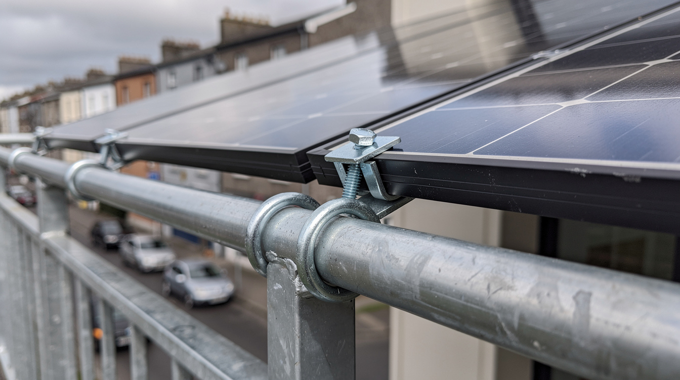 Solar panel mounted at an angle on an apartment balcony with clamps to the metal railing