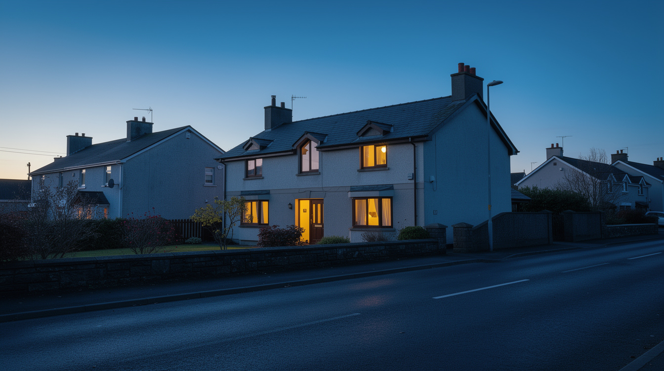 Irish suburban home at dusk with warm evening lights, the classic 5pm-7pm peak window