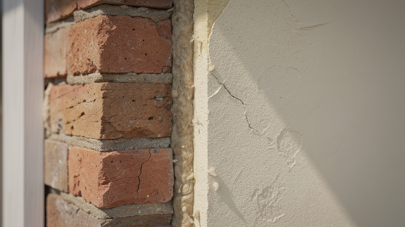 Cavity wall showing external brick with insulation and inner plaster finish, Irish home construction detail