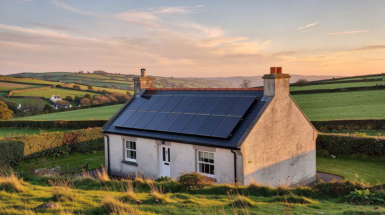 Irish cottage with roof-mounted solar panels overlooking green countryside at sunset