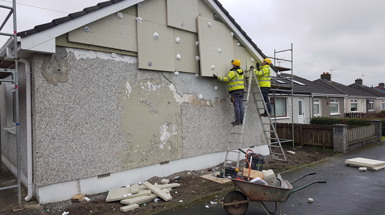 External wall insulation being applied to an Irish 1970s semi-detached house by workers in high-vis