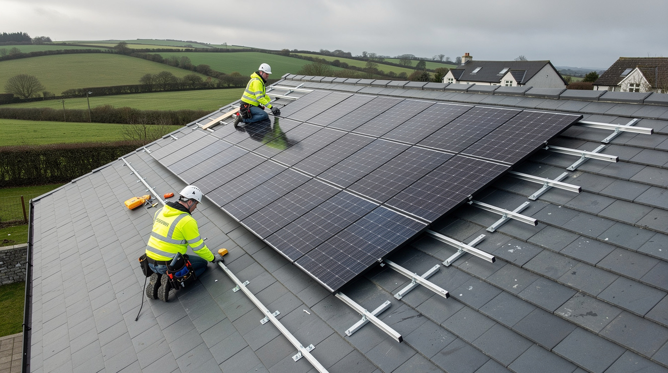 Solar panels being installed on a modern grey Irish tiled roof by two installers in hi-vis
