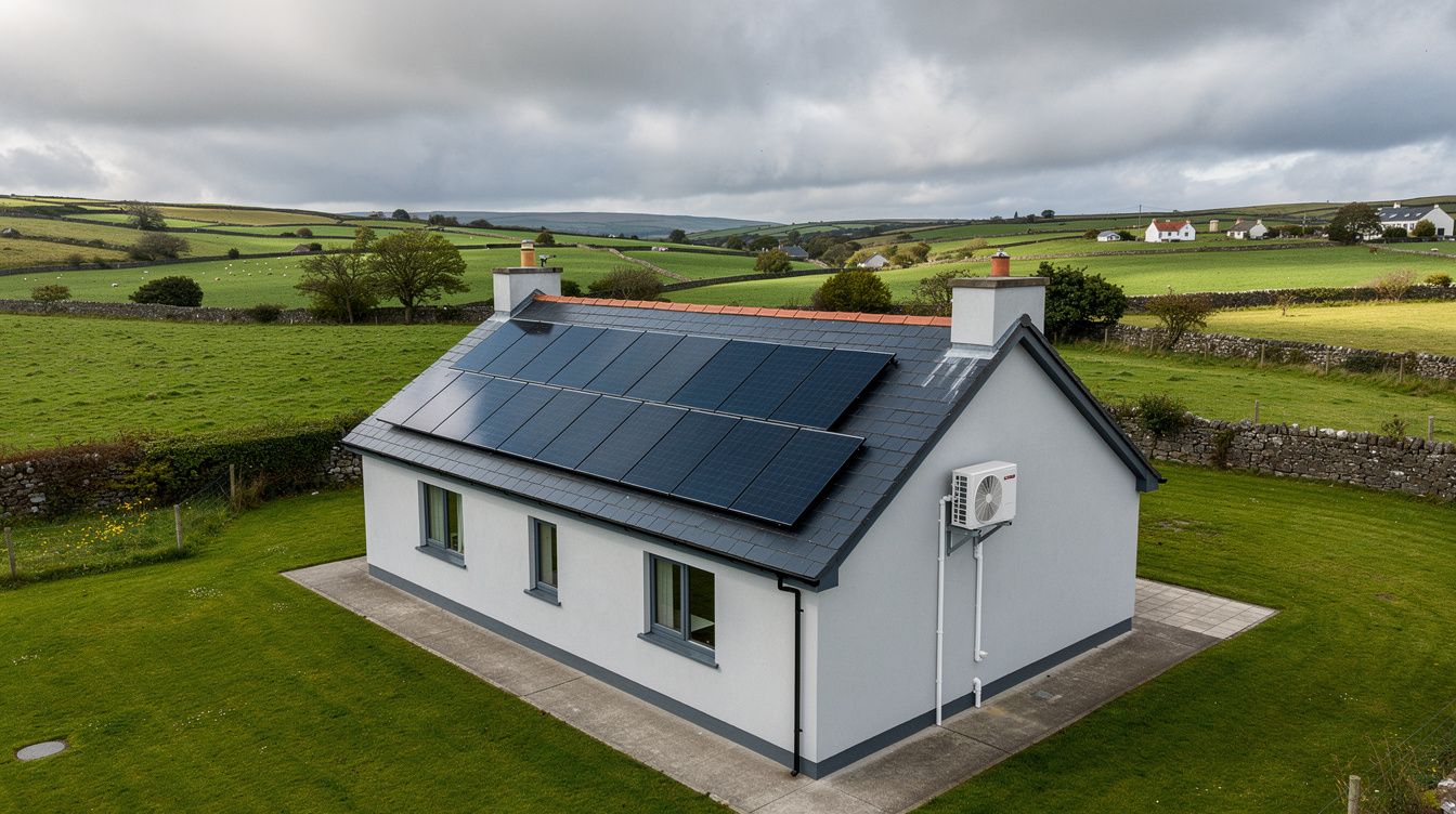 Solar panels on Irish detached house with heat pump unit visible outside